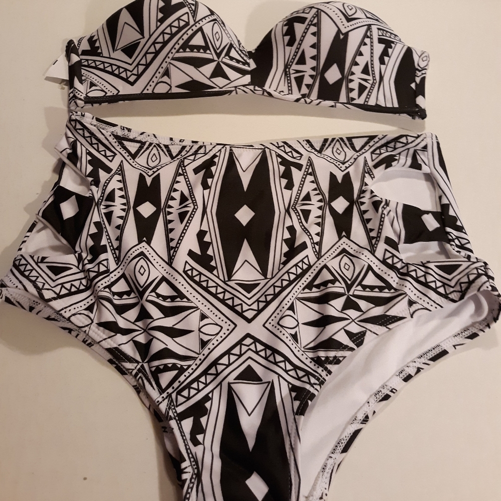 White Black Tribal 2 Piece Bikini Swimsuit Medium